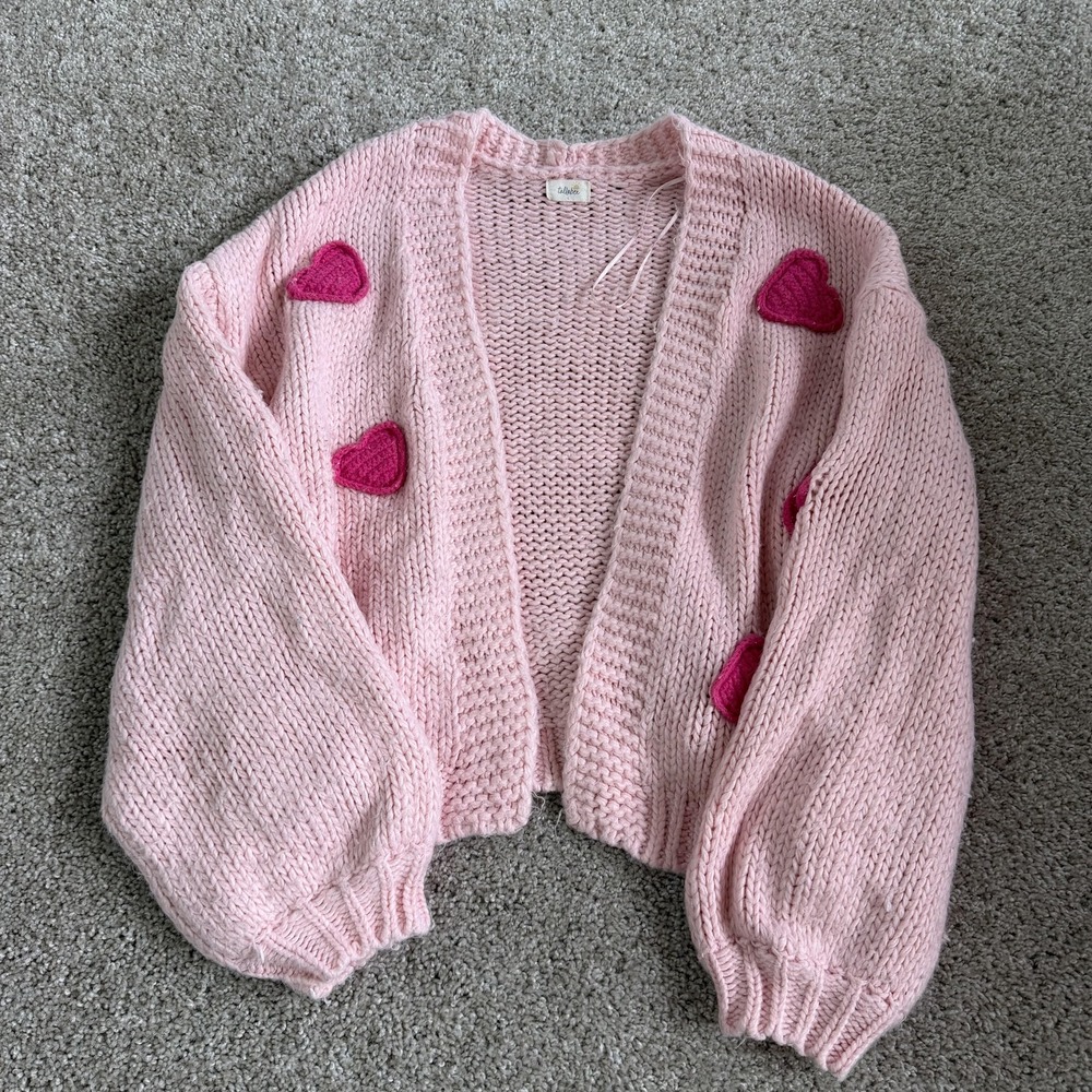 Tullabee Sweater Womens Large Pink Heart Crochet Chunky Knit Cardigan Open Front